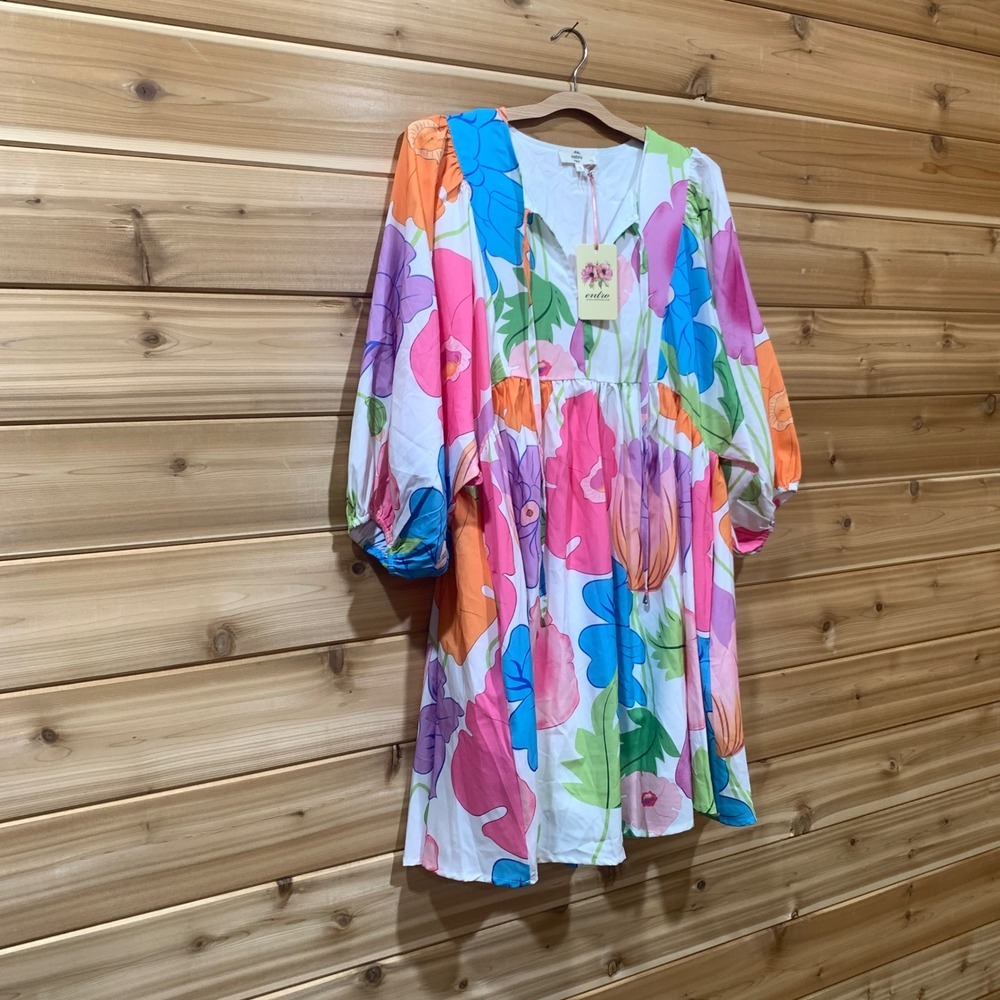 Entro USA Women's Dress Small Multicolor Floral Print Boho Peasant Mini Tunic - Picture 3 of 14